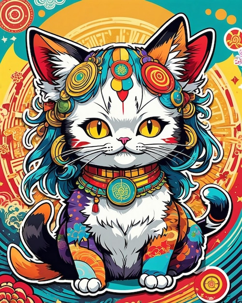 Une illustration numérique très vibrante d'un autocollant de chat ludique dans le style du pop art japonais