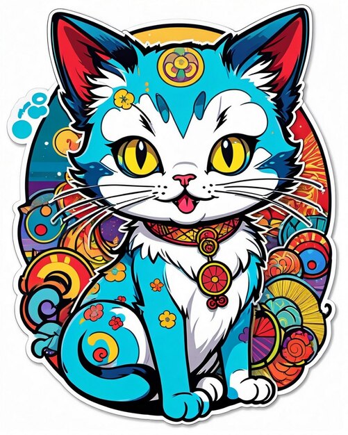 Une illustration numérique très vibrante d'un autocollant de chat ludique dans le style du pop art japonais