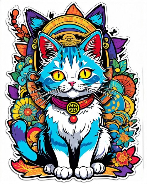 Une illustration numérique très vibrante d'un autocollant de chat ludique dans le style du pop art japonais