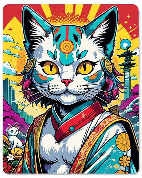 Une illustration numérique très vibrante d'un autocollant de chat ludique dans le style du pop art japonais