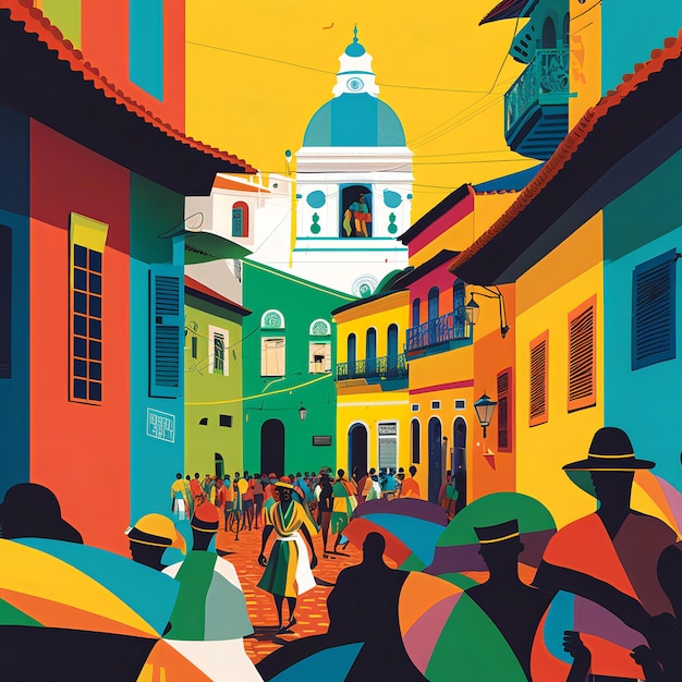 Une illustration numérique vibrante de Salvador Bahia mettant en vedette l'architecture coloniale colorée