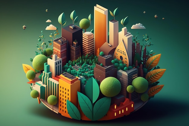 Une illustration numérique d'une ville avec des arbres verts et le mot ville dessus.