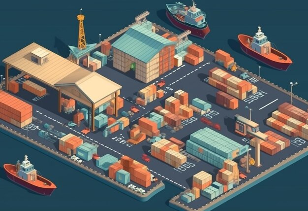Illustration numérique d'une ville avec un navire et un bâtiment en arrière-plan.