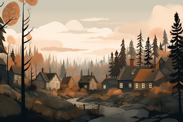 une illustration numérique d'une ville avec un paysage de maisons et d'arbres