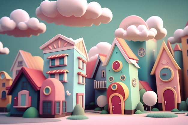 Une illustration numérique d'une ville avec quelques maisons aux couleurs pastel