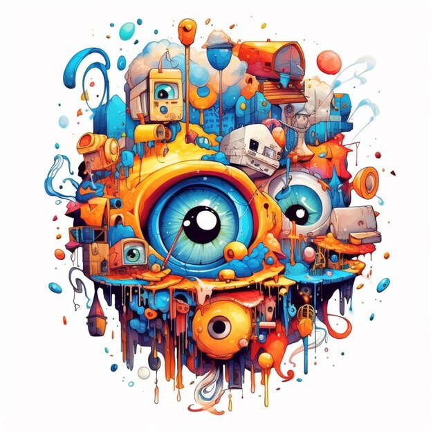 Illustration d'un œil coloré entouré de divers objets générative ai