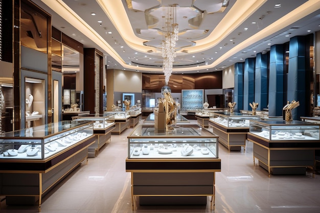 Photo illustration of jewelry store with many womens and mens jewelry generative ai