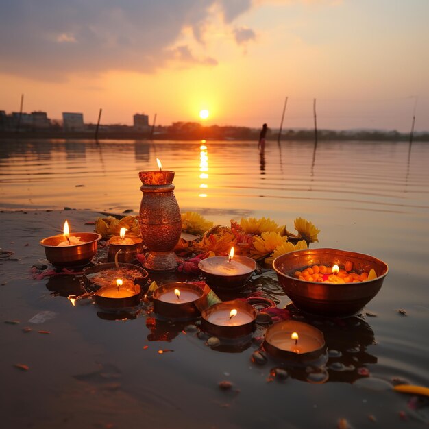 Photo illustration des offrandes à dieu pendant le festival de chhath puja