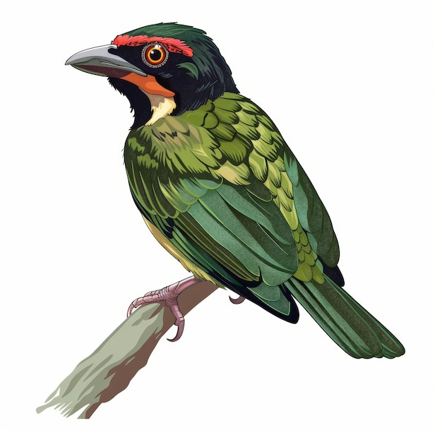 Photo illustration d'oiseau barbet de cuivre vibrant sur un fond blanc ai générative