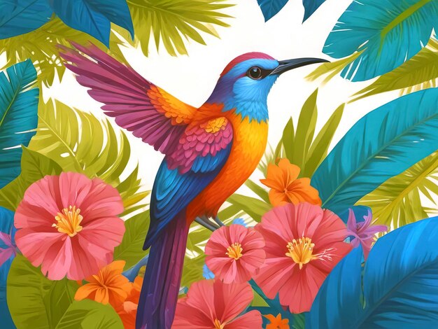 Photo illustration d'un oiseau coloré avec une fleur tropicale