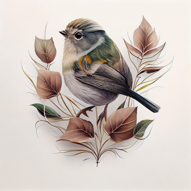 Illustration d'un oiseau avec des fleurs. bel oiseau de couleur sur la flore. Feuilles, brindilles et fleurs sur aw