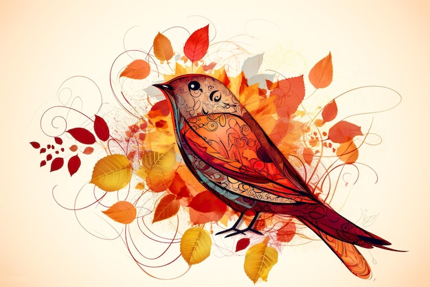 Illustration d'un oiseau sur fond de feuilles et de fleurs d'automne AI générative
