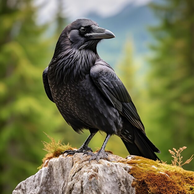 Photo illustration d'un oiseau noir assis au sommet d'une colline couverte d'herbe