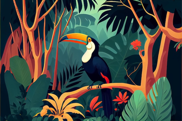 Illustration d'un oiseau tropical assis sur un arbre dans la forêt tropicale AI