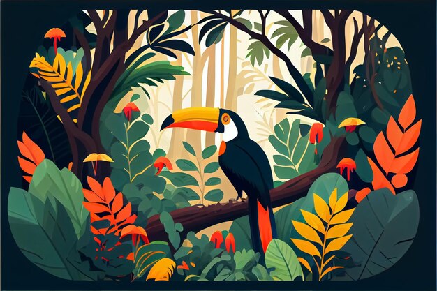 Illustration d'un oiseau tropical assis sur un arbre dans la forêt tropicale AI