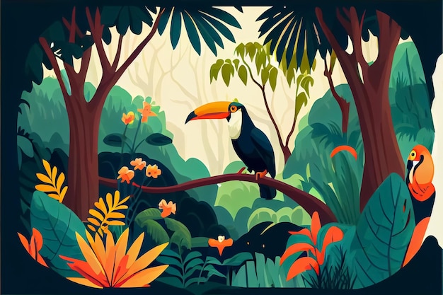 Photo illustration d'un oiseau tropical assis sur un arbre dans la forêt tropicale ai