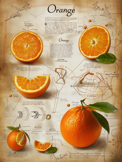 Photo illustration orange dans le style d'un vieux livre de science avec des infographies