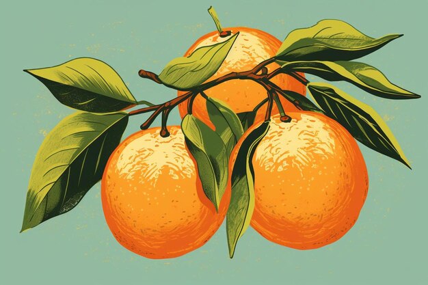 Une illustration d'oranges et de feuilles avec un fond vert.