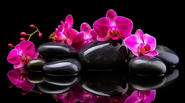 Illustration d'orchidées roses sur des pierres noires avec un espace libre de réflexion Concept de spa IA générative
