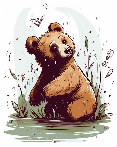 illustration d'un ours assis dans l'herbe avec un papillon volant autour de l'ai génératif