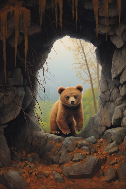 Illustration d'un ours brun dans une grotte dans la forêt