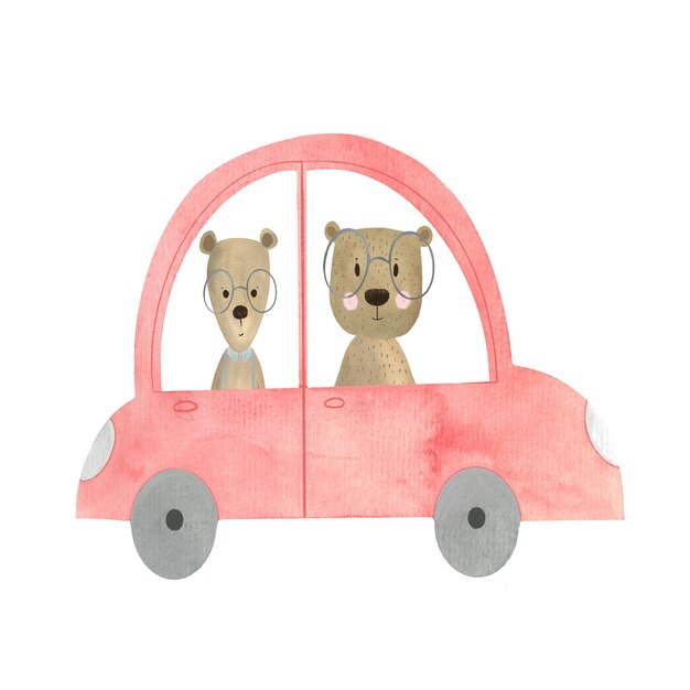 Illustration d'un ours dans une voiture rouge dessinée à la main par une image isolée à l'aquarelle d'ours qui montent une voiture