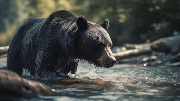 Illustration d'un ours pêchant dans une rivière de la forêt