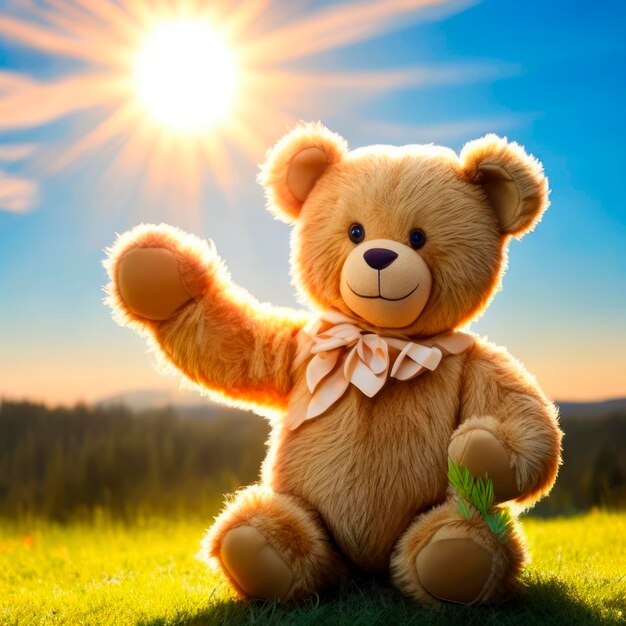 Photo illustration ours en peluche avec le soleil derrière