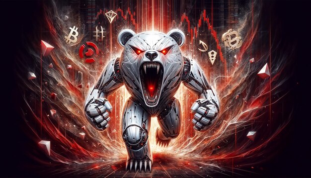 Illustration de l'ours robot rugissant sur des graphiques rouges abstraits bourse crypto-monnaie