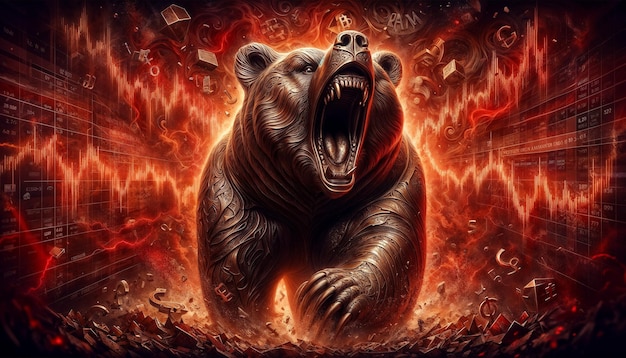 Illustration d'un ours rugissant sur des graphiques rouges abstraits bourse crypto-monnaie