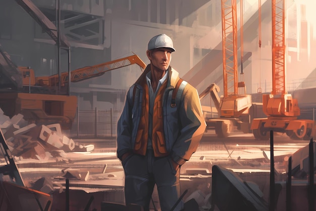 Une illustration d'un ouvrier avec un marteau et un casque sur un chantier de construction Generative AI