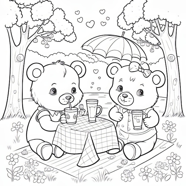 Photo illustration de la page de coloriage de deux petits ours amoureux