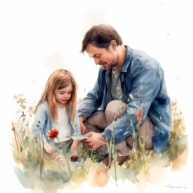 Illustration de pai e filho feliz estilo aquerela