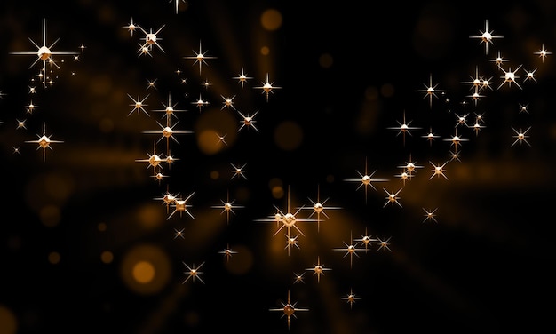 Photo illustration de paillettes de noël or sur fond noir étoiles flocons de neige