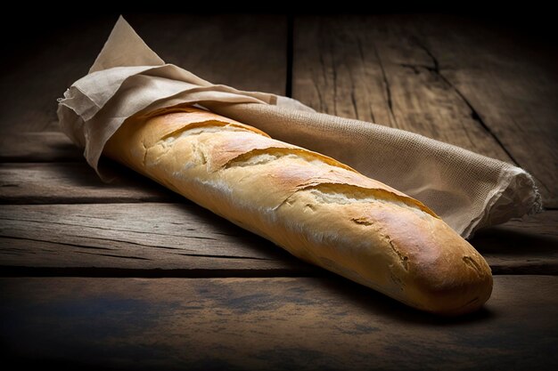 Photo illustration pain de baguette français sur fond de bois ai génératif