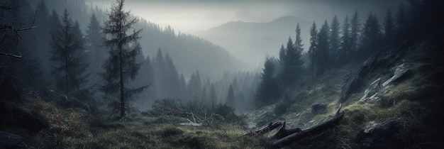 Illustration avec un panorama d'une forêt nuageuse dans le brouillard