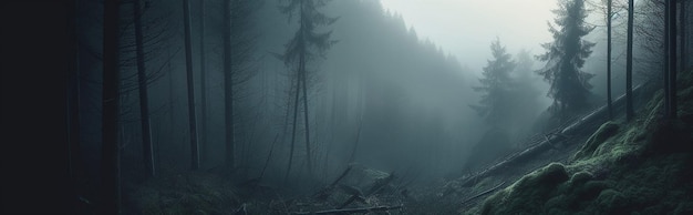 Illustration avec un panorama d'une forêt nuageuse dans le brouillard