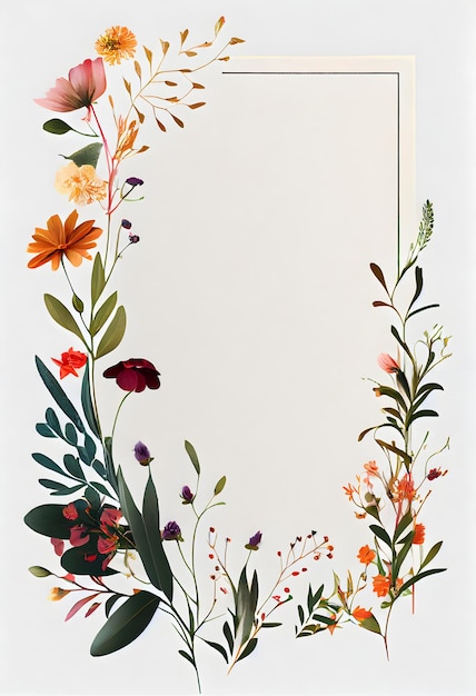 Illustration de papeterie florale aquarelle fleurs délicates avec bordures sur fond blanc Carte postale de fleurs de printemps aquarelle AI générative