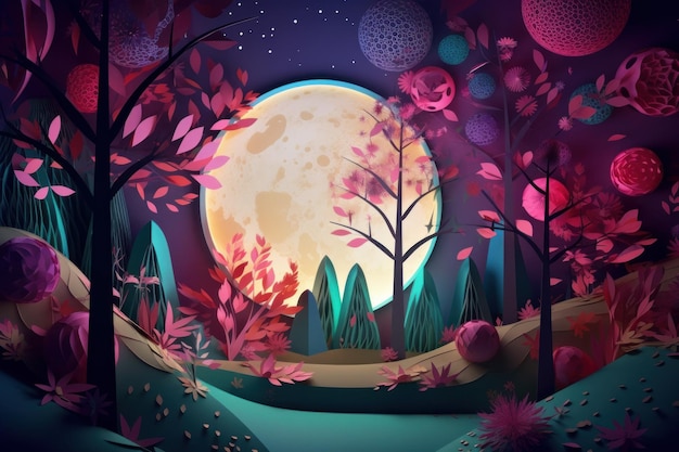 Une illustration en papier découpé d'une forêt avec une pleine lune et des étoiles.