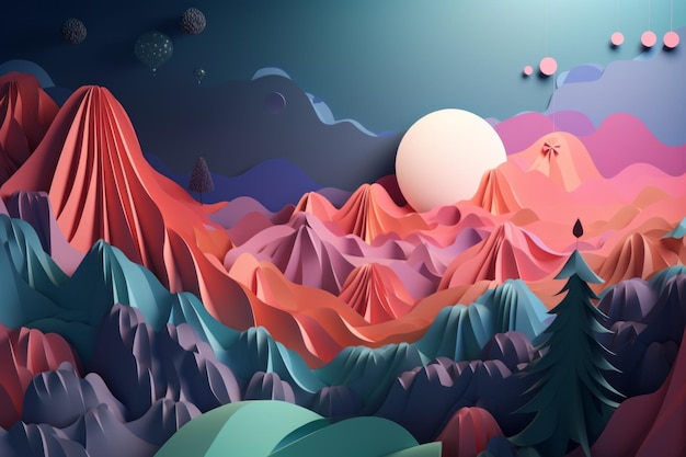 Une illustration en papier découpé d'une montagne avec une lune et des étoiles.