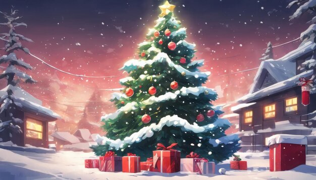 Illustration de papier peint de Noël confortable avec arbre de Noël avec boîte à cadeaux