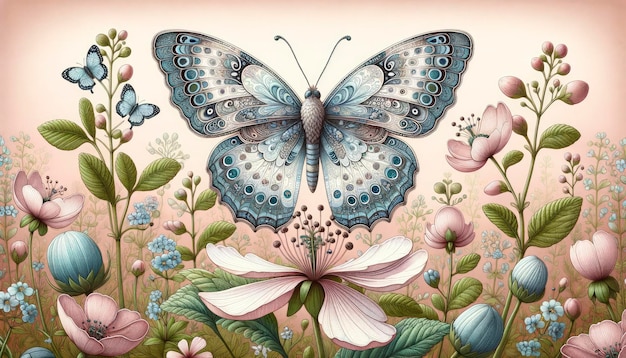 Illustration d'un papillon délicat avec des ailes complexes et détaillées perché sur une fleur en fleur dans un jardin serein AI Generative