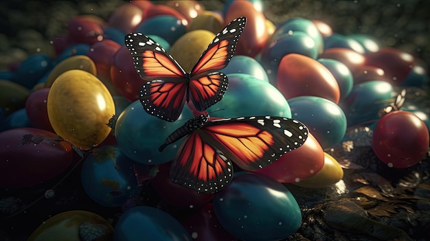 Photo illustration d'un papillon perché sur un ballon coloré magnifique