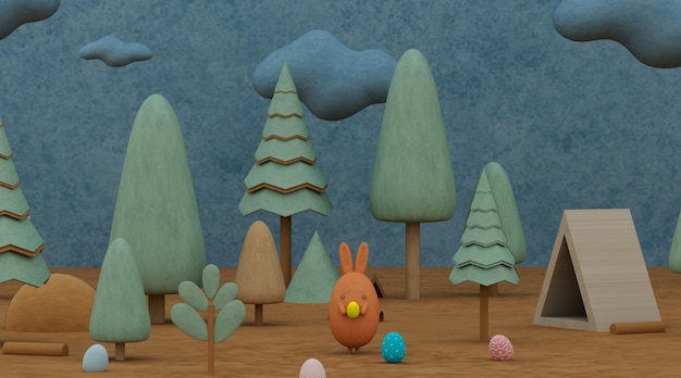 Photo illustration de pâques sur fond de dessin animé lapin mignon avec des œufs de pâques sur le pré de printemps rendu 3d