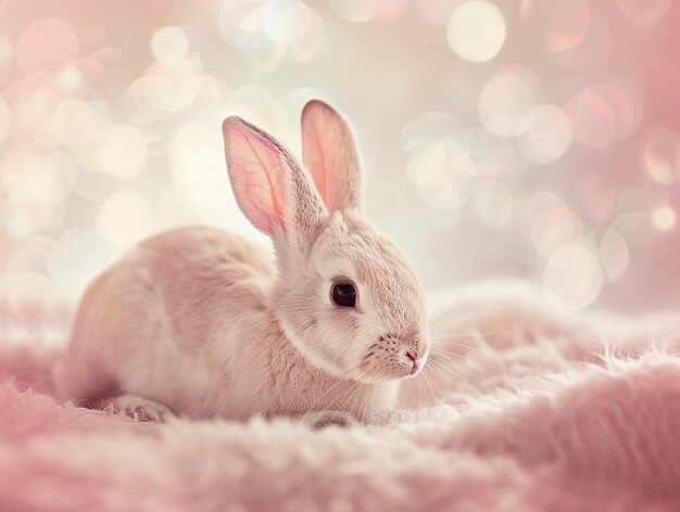 Photo illustration de pâques avec des œufs de lapin et un gâteau en couleurs pastel