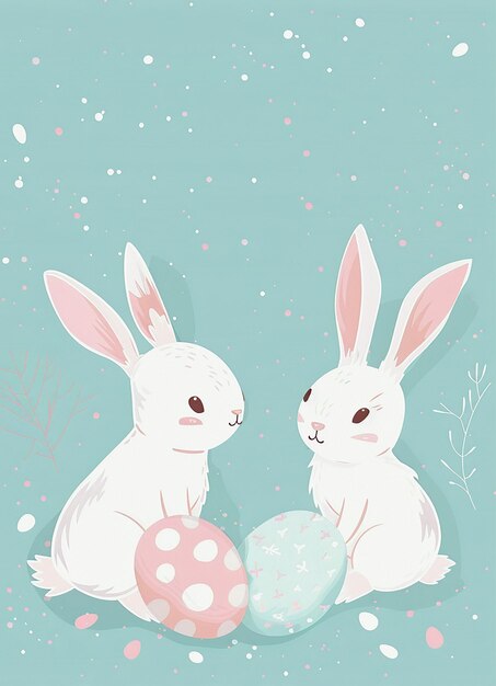 Photo illustration de pâques avec des œufs de lapin et un gâteau en couleurs pastel