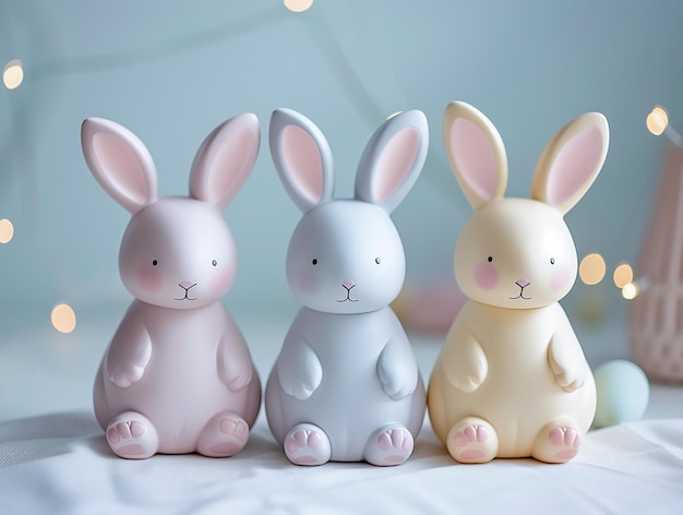 Illustration de Pâques avec des œufs de lapin et un gâteau en couleurs pastel