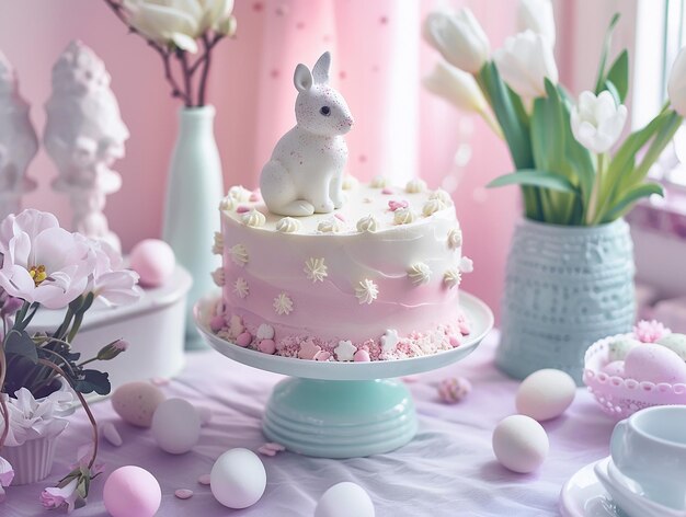 Photo illustration de pâques avec des œufs de lapin et un gâteau en couleurs pastel
