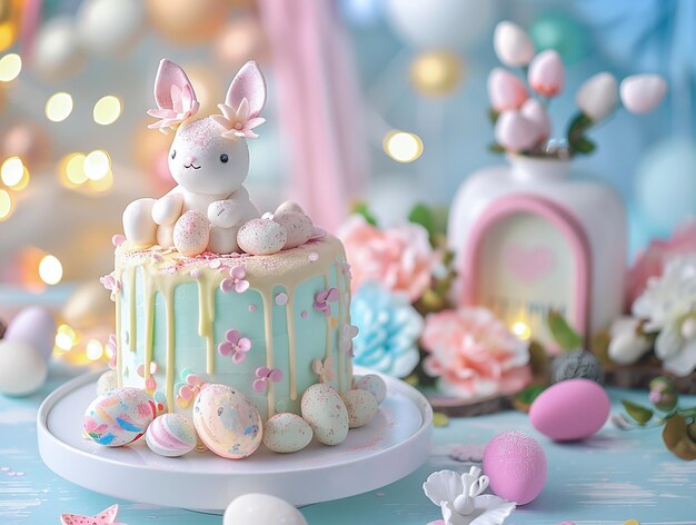 Photo illustration de pâques avec des œufs de lapin et un gâteau en couleurs pastel