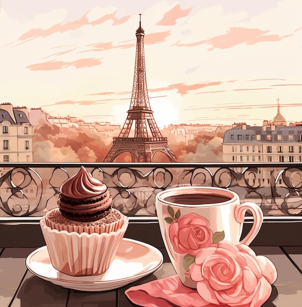 Photo illustration de paris avec café rouge et muffin et tour eiffel dans le style rose clair et marron